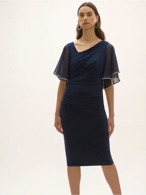 Jospeh Ribkoff Midnight Blue Silky Knit And Chiffon Sheath Dress Style 252719